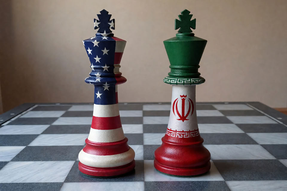 Two chess king pieces on a chessboard, one painted with the American flag design and the other with the Iranian flag design.