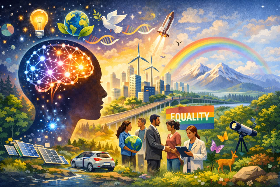 A colorful illustration featuring a silhouette of a head with a brain, wind turbines, a city skyline, a rainbow, mountains, and a group of diverse people holding a globe and documents. Solar panels, an electric car, and a telescope are also present, with the word "Equality" on a banner.