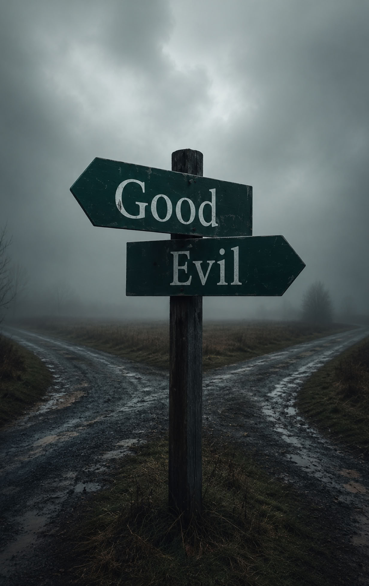 A signpost at a fork in a road with two arrows labeled "Good" and "Evil" under a cloudy sky.