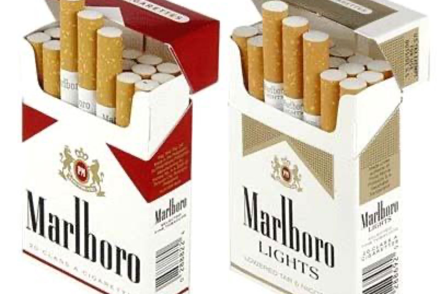 Two open packs of Marlboro cigarettes, one red and one white labeled "Lights," with cigarettes visible inside.