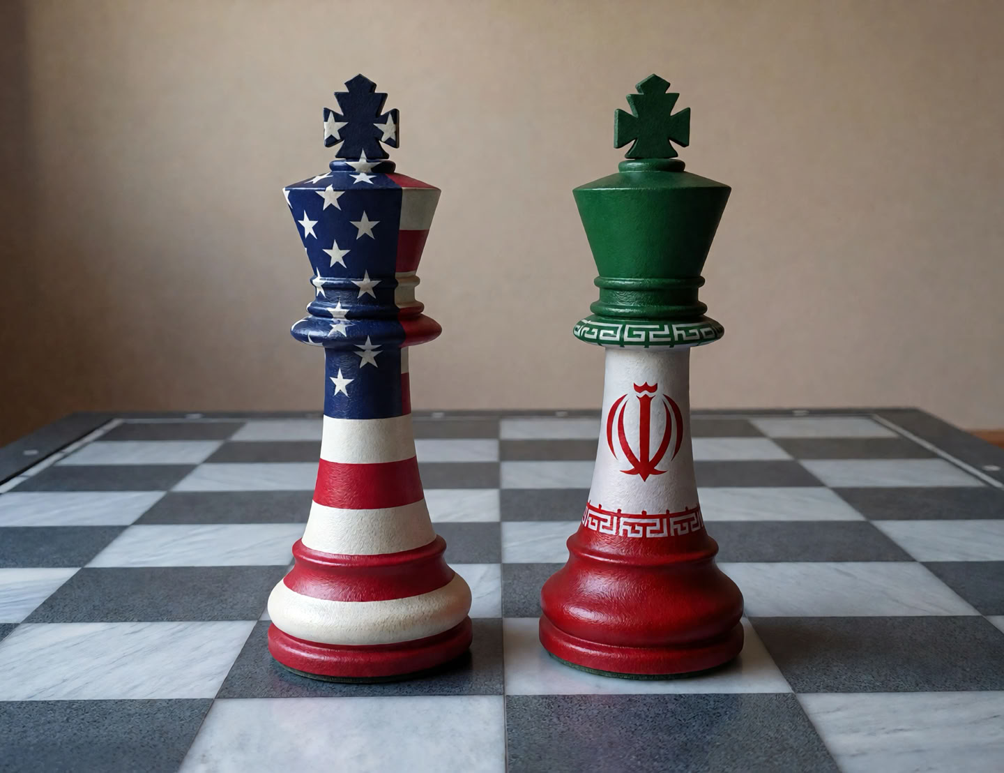Two chess king pieces on a chessboard, one painted with the American flag design and the other with the Iranian flag design.