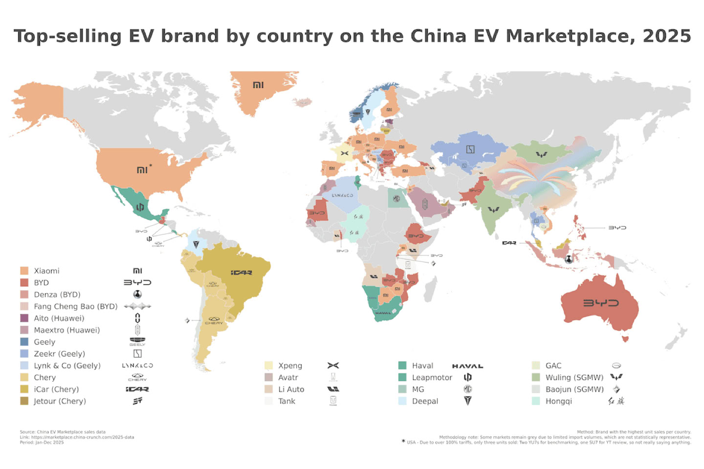 World map showing top-selling EV brands by country in the China EV marketplace for 2023, with countries colored differently to represent various brands.