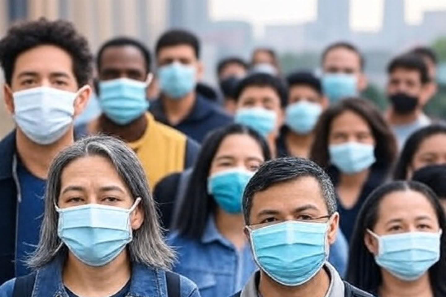 A group of people wearing face masks and casual clothing, walking outdoors.