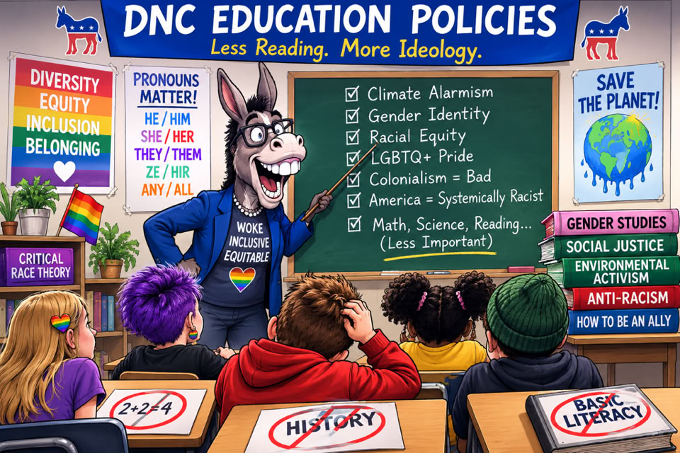 A cartoon depicting a classroom with a donkey character as a teacher pointing to a chalkboard listing various topics. Students are seated with "History" books crossed out on their desks. Posters on the walls display messages about diversity, inclusion, and environmental issues.