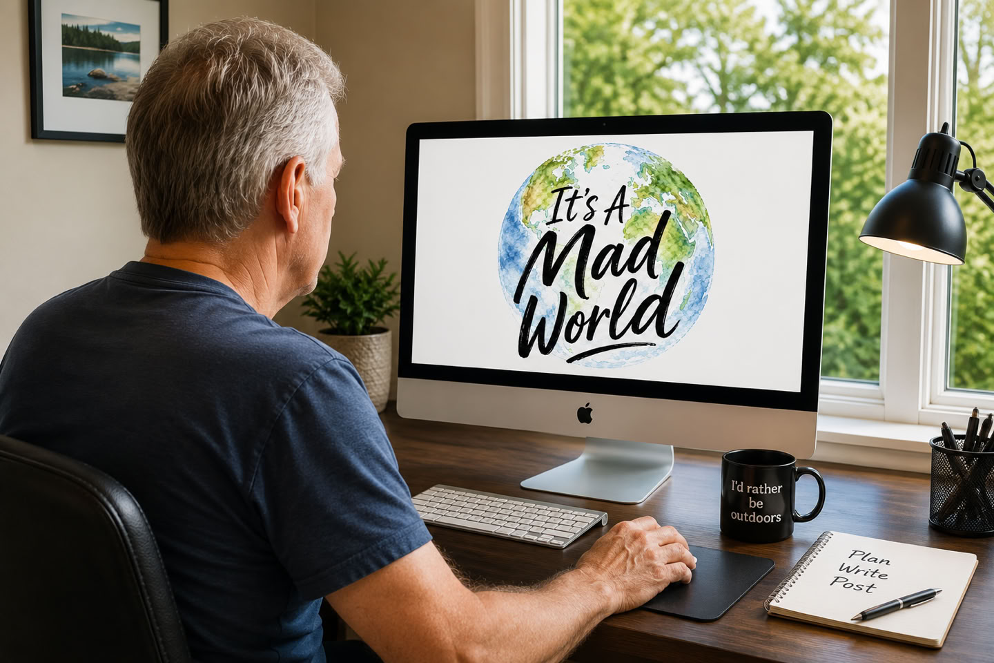 A person sitting at a desk using a computer with the screen displaying the text "It's a Mad World" over a globe image. A mug and a notebook are on the desk, and there is a window with a view of trees.