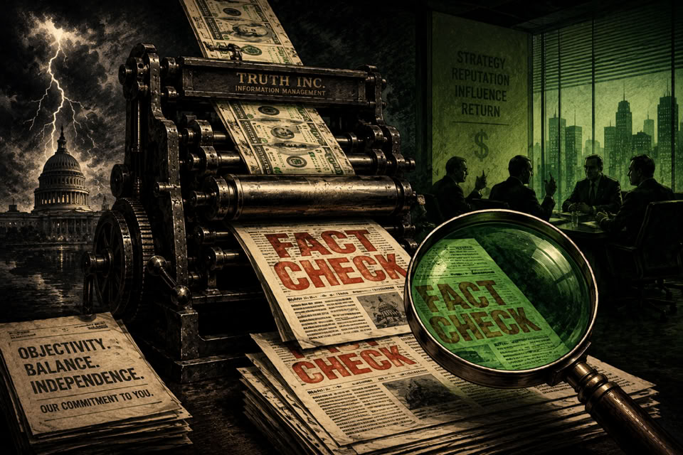 A printing press producing newspapers with "FACT CHECK" headlines, a magnifying glass over one paper, a stormy sky with lightning, and silhouettes of people in a meeting room with a cityscape background.