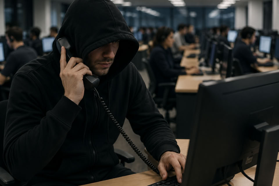 A person wearing a hooded sweatshirt is sitting at a desk, talking on a phone, and using a computer in a dimly lit office with multiple people working at computers in the background.